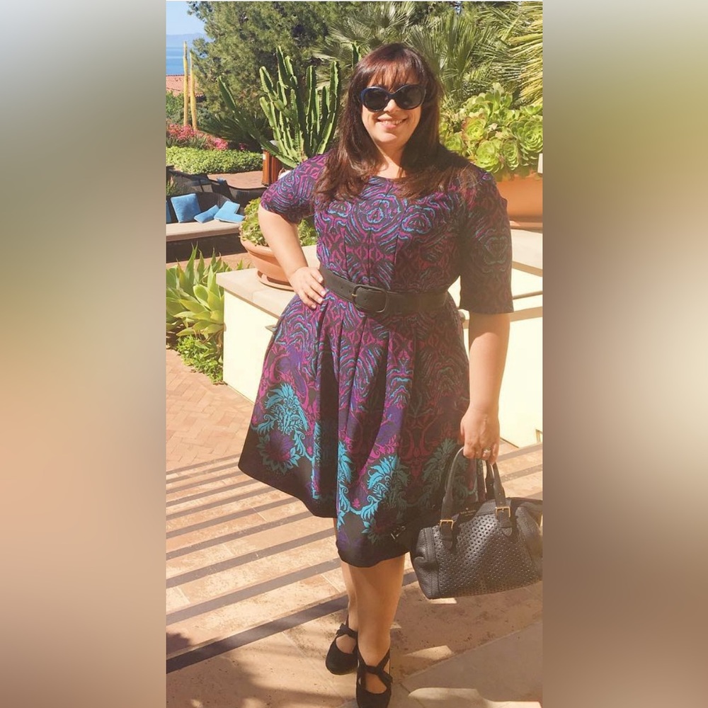 Gabby Skye Pleated Scuba Fit & Flare Dress